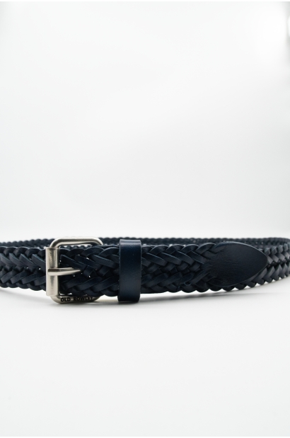 Cinturón de piel azul trenzado negro efecto artesanal con hebilla vintage - vista enrollado