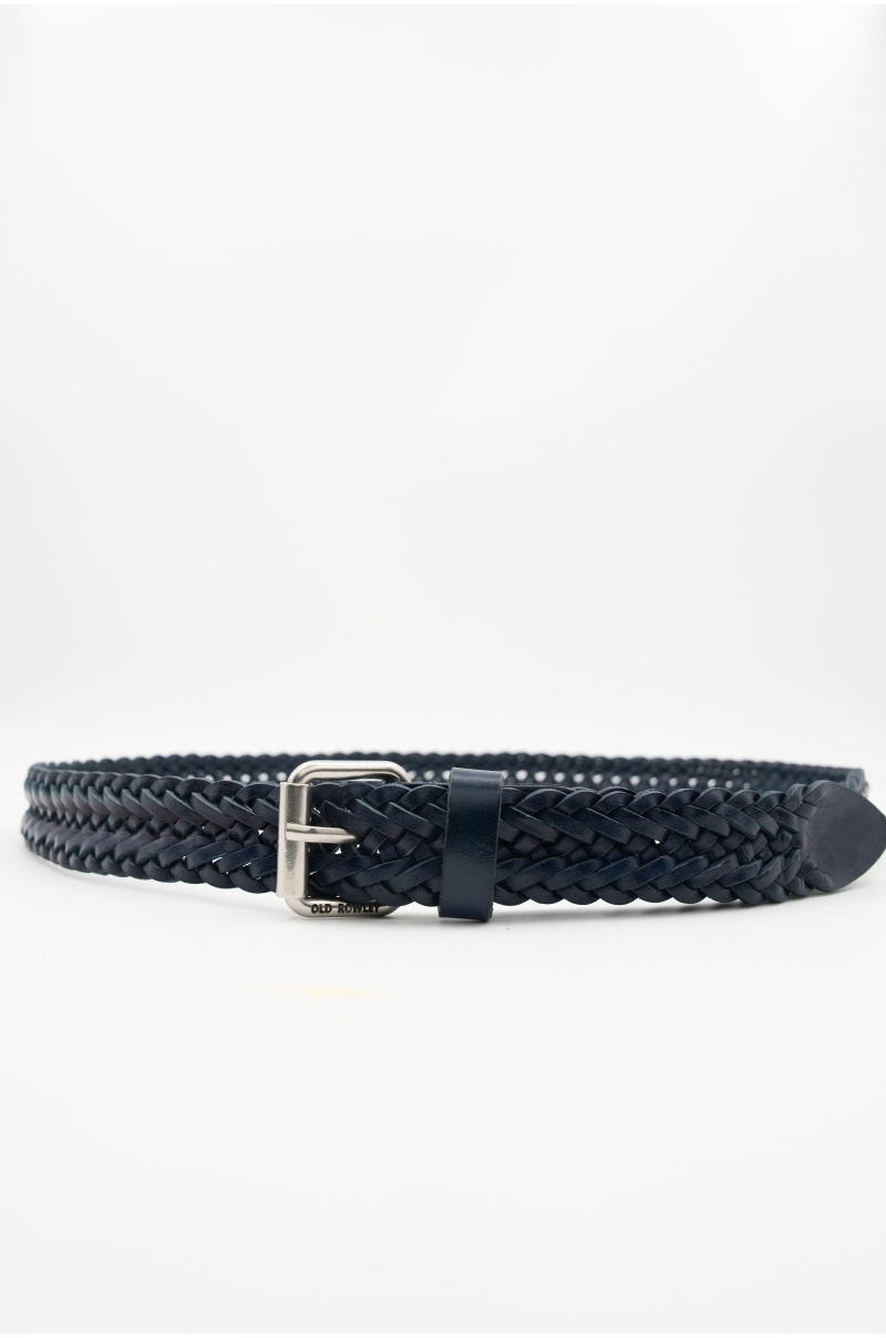 Cinturón Trenzado azul oscuro Piel Hebilla Pequeña Rectangular Plateada Old Rowley - vista circular frontal