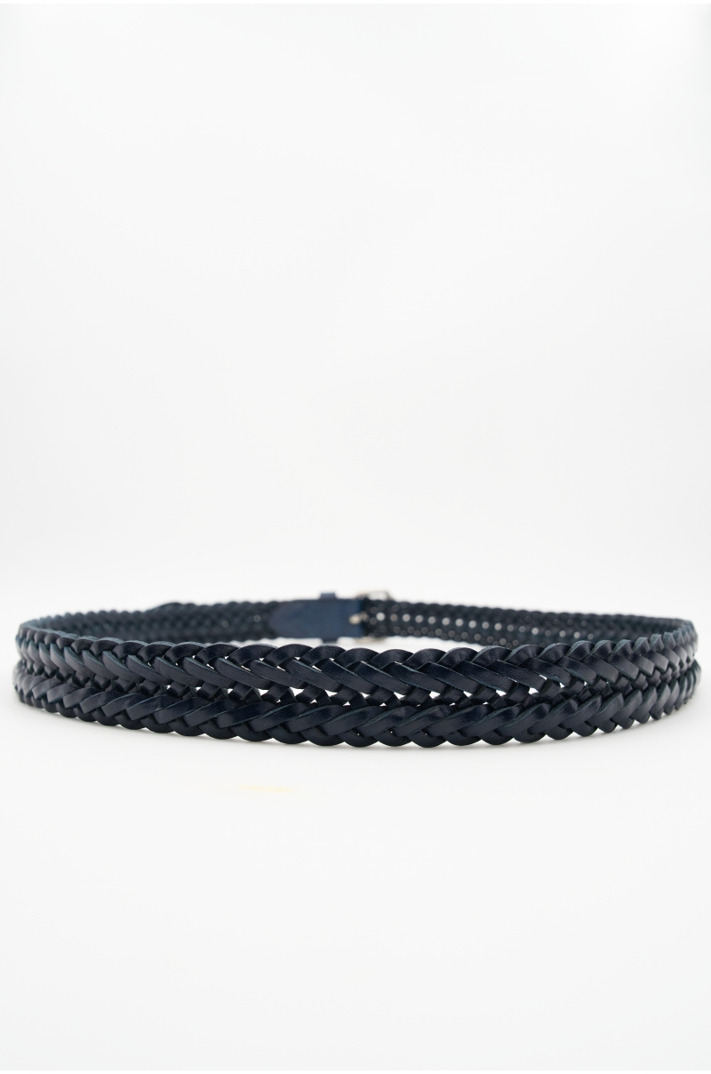 Cinturón Trenzado azul oscuro Piel Hebilla Pequeña Rectangular Plateada Old Rowley - vista circular trasera