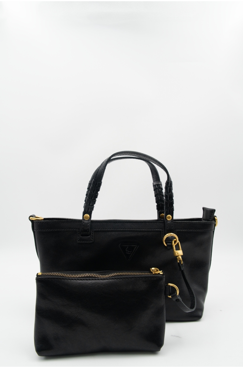 Bolso de Mano Piel Negro Asas Trenzadas y Neceser Extraíble Old Rowley - vista con neceser extraible
