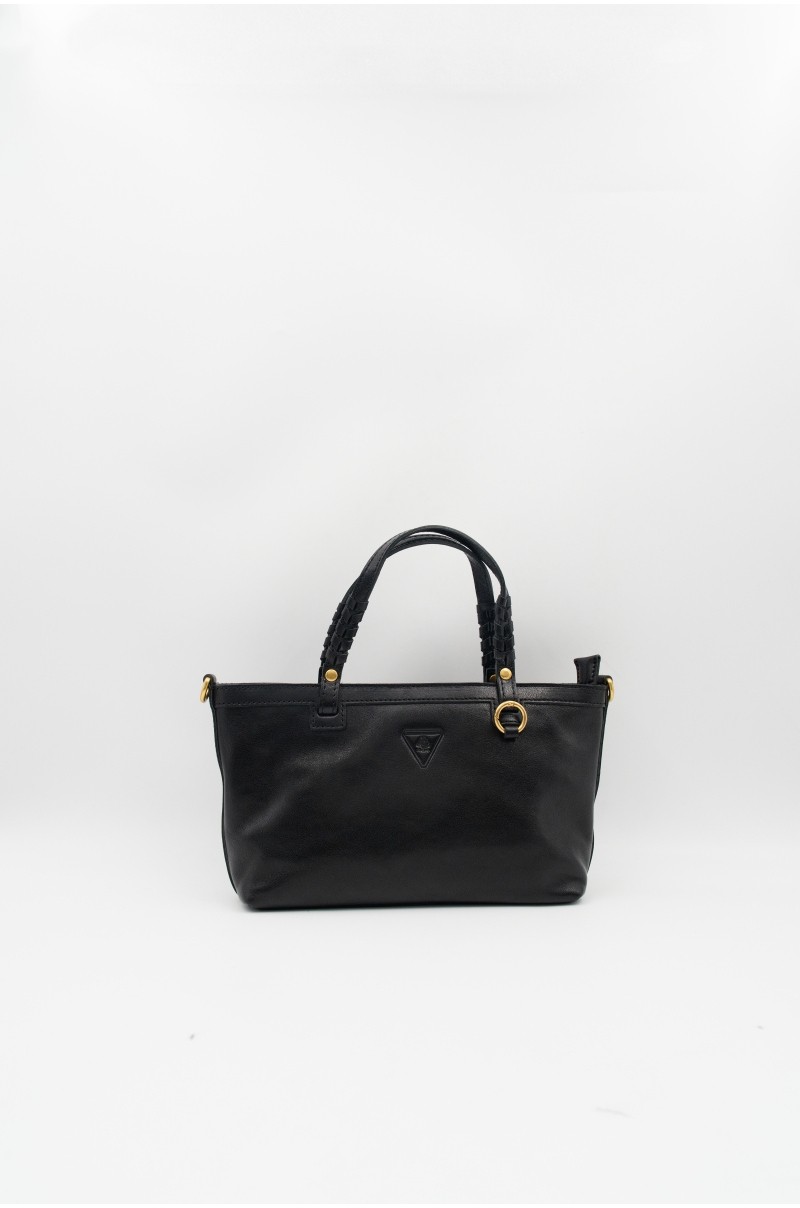 Bolso de Mano Piel Negro Asas Trenzadas y Neceser Extraíble Old Rowley - vista frontal