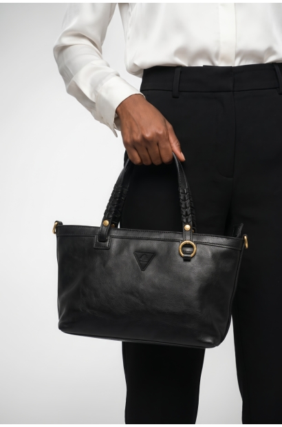 Bolso de Mano Piel Negro Asas Trenzadas y Neceser Extraíble Old Rowley - vista frontal