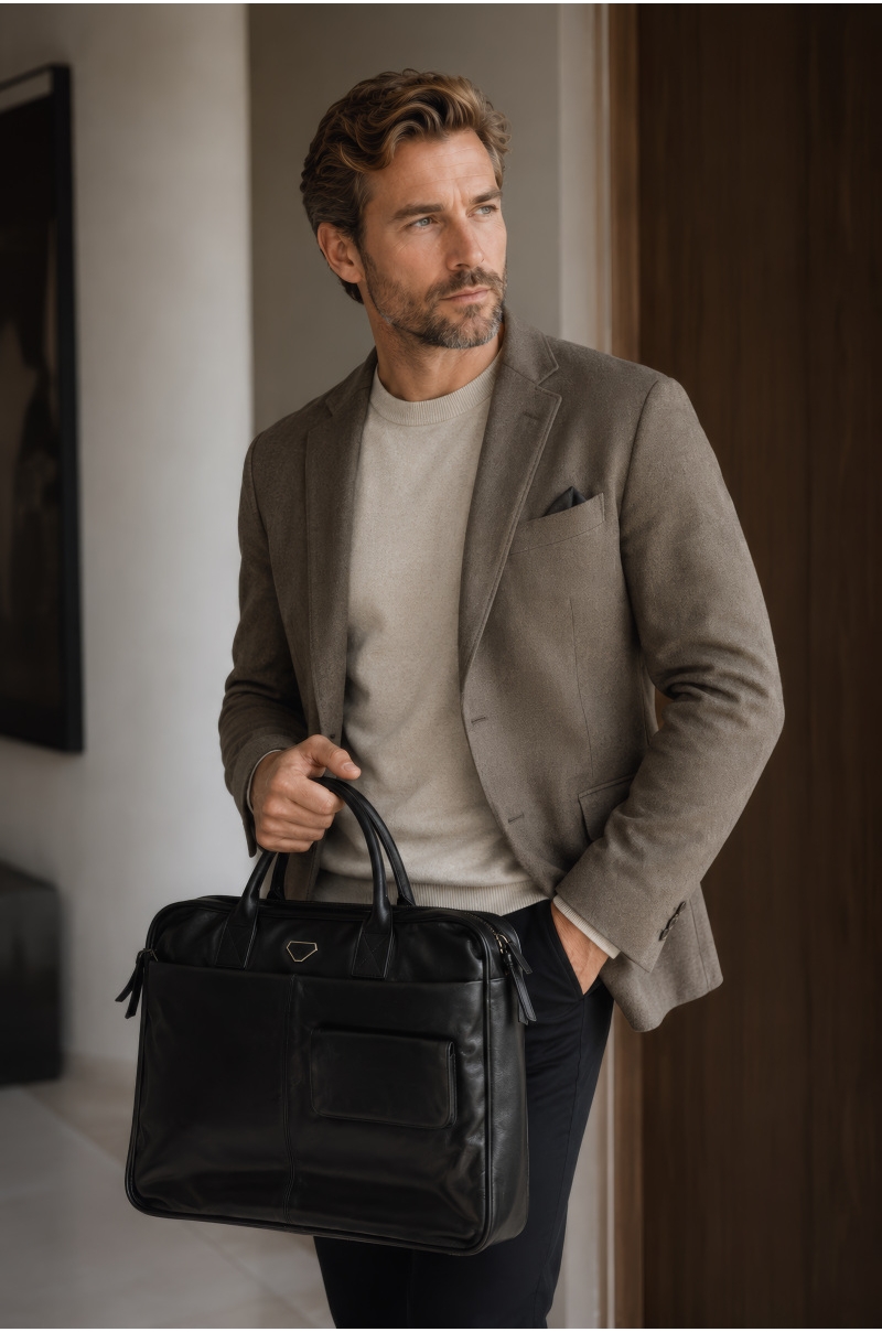 Maletín negro de piel con bolsillo frontal Old Rowley - vista en el modelo