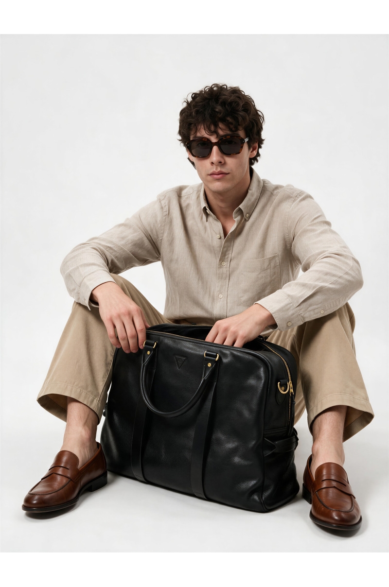 Bolso de Viaje Weekender de Piel Negra Old Rowley - vista en el modelo