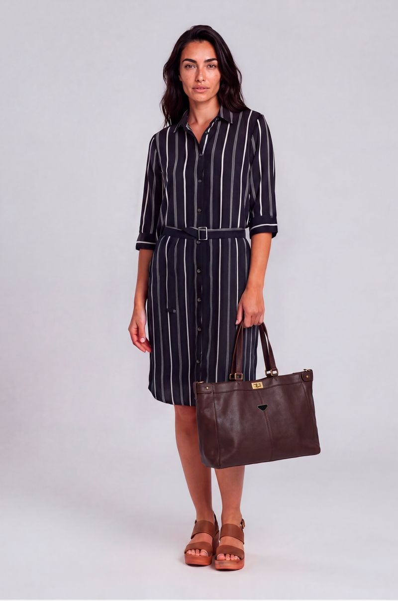 Vestido Midi de Lino Fino y Fresco con Rayas Old Rowley - vista frontal completa