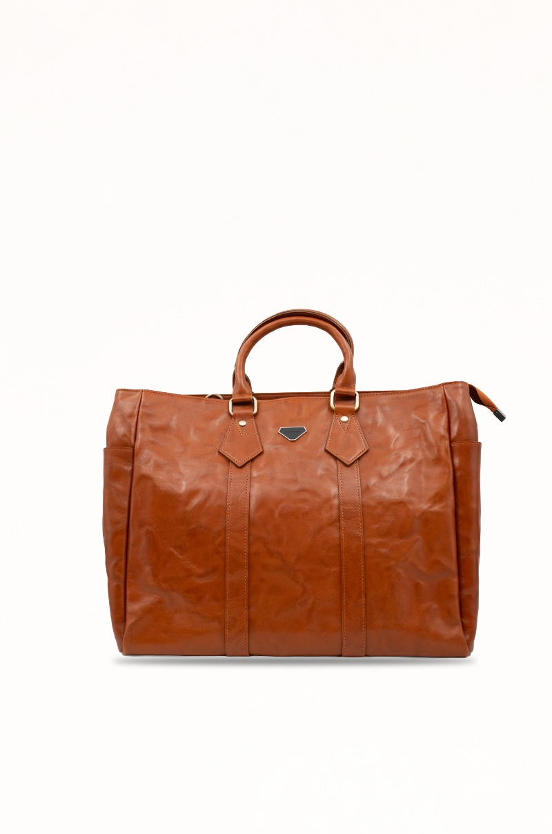 Bolsa de viaje de piel marrón Old Rowley con bandolera - vista frontal