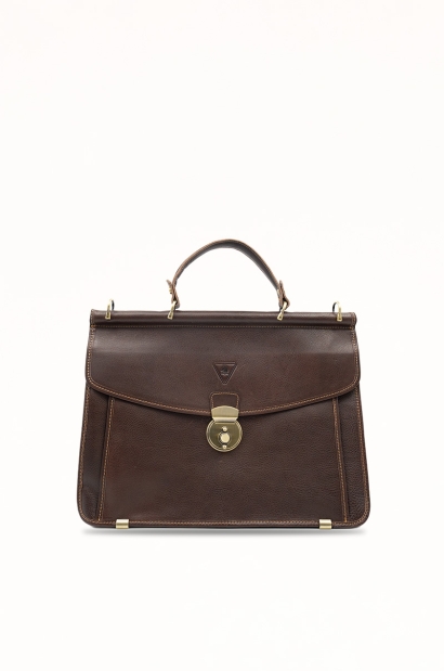 Maletín piel marrón estilo clásico cierre metálico tipo cartera Old Rowley - vista frontal
