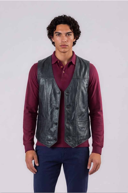 chaleco piel negro Old Rowley - vista frontal modelo