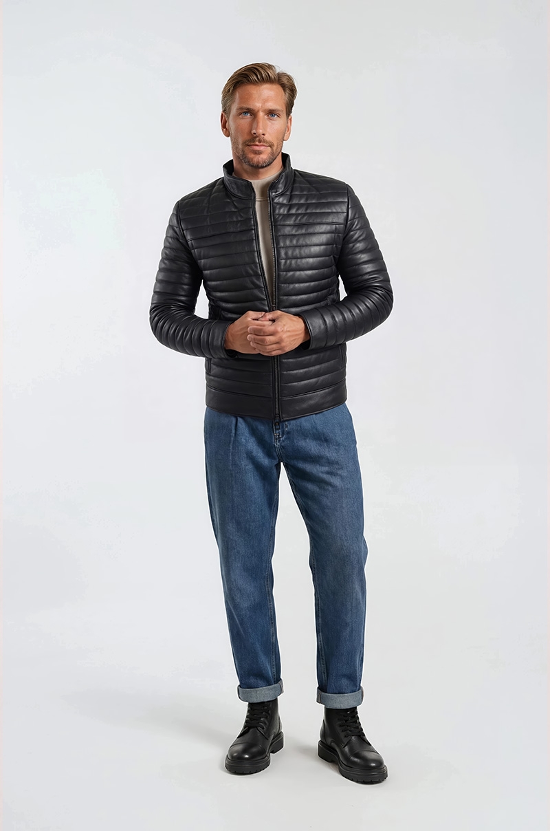 Cazadora Acolchada Piel Negra Old Rowley - vista frontal completa modelo