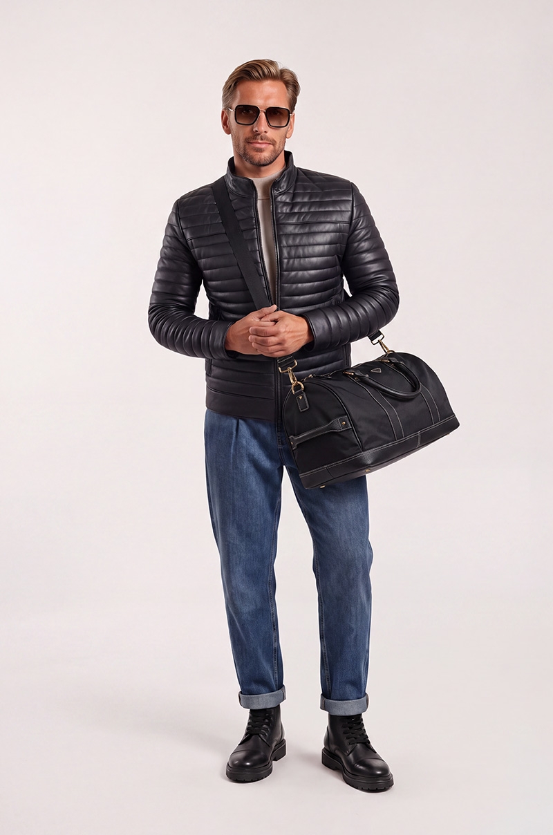 Cazadora Acolchada Piel Negra Old Rowley - vista frontal completa modelo
