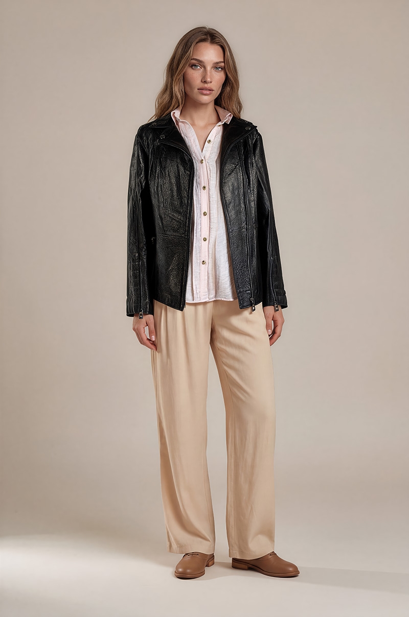 Chaqueta Entallada de Piel de Cordero con Cinturón Old Rowley - vista frontal completa modelo