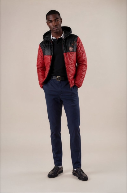 chaqueta con gorro roja y...