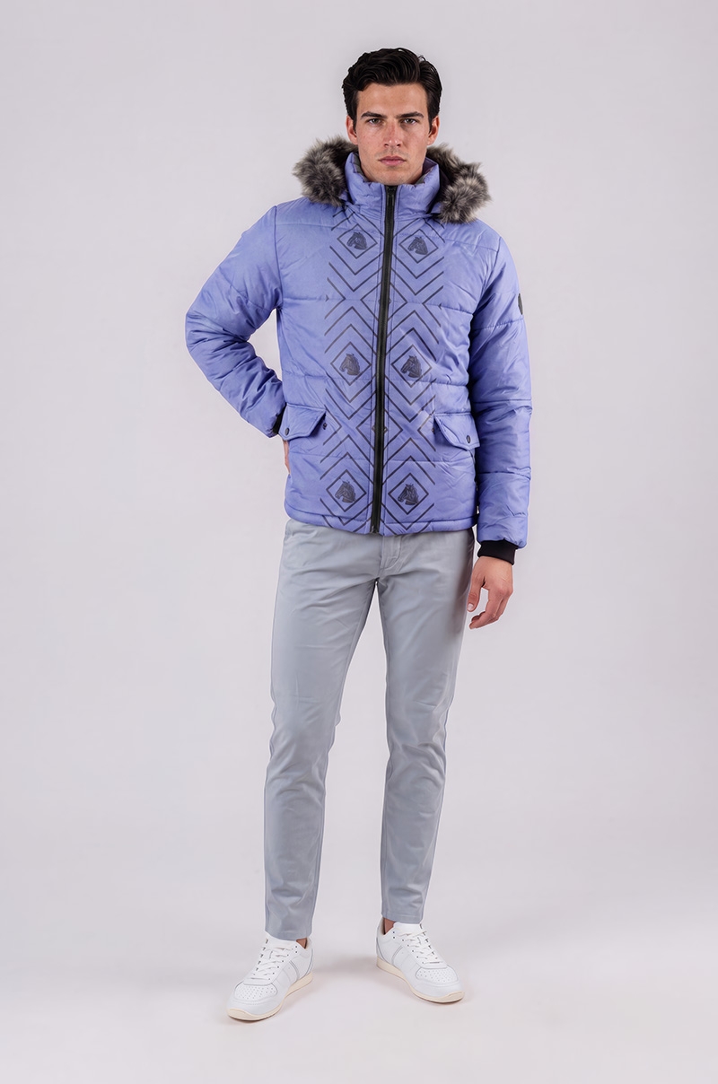 Chaqueta Acolchada Lila con Capucha y Pelo Old Rowley - vista frontal completa modelo