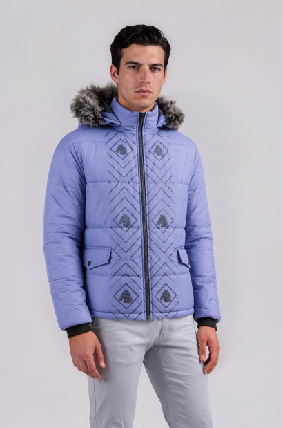 Chaqueta Acolchada Lila con Capucha y Pelo Old Rowley - vista frontal completa modelo