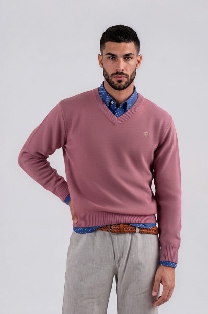 Jersey de punto azul marino con cuello de pico Old Rowley, vista frontal y detalle del tejido