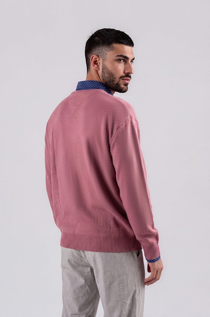 Jersey de punto rosa malva con cuello de pico Old Rowley, vista de espalda