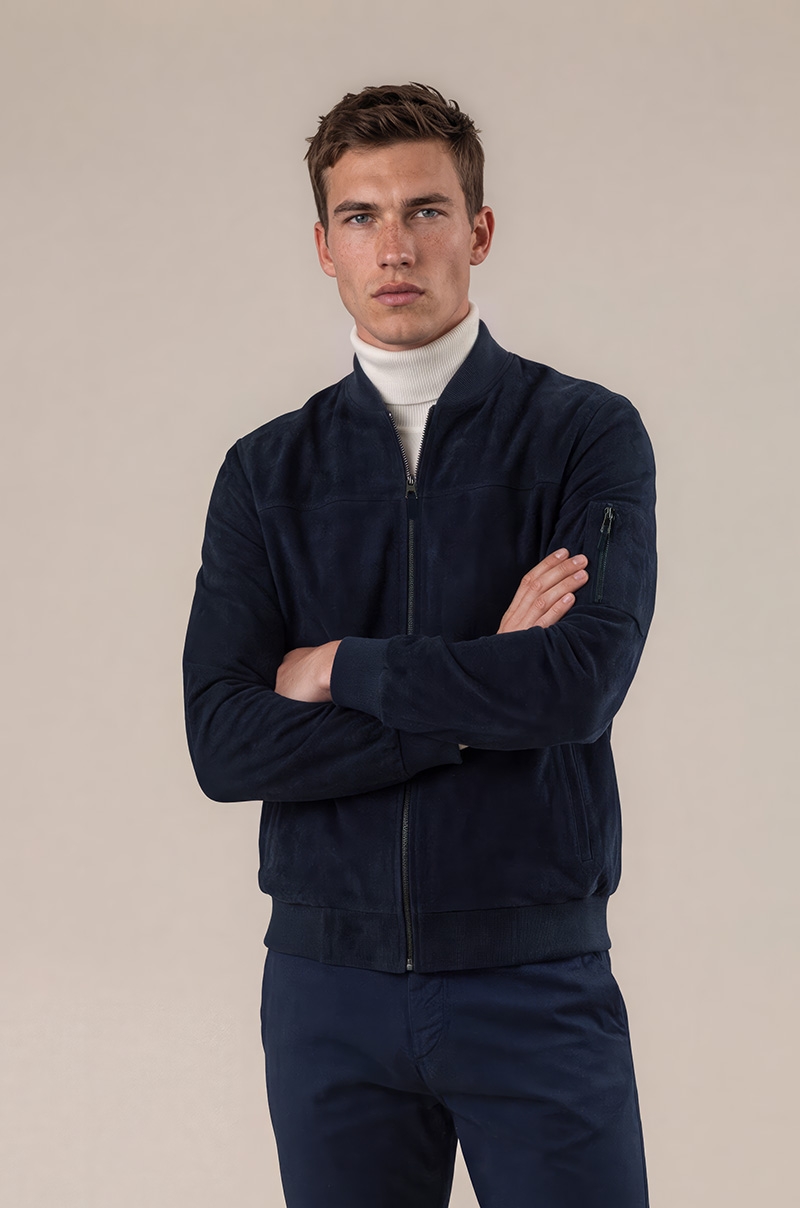 Cazadora bomber de piel de cordero azul marino Old Rowley para hombre, vista frontal