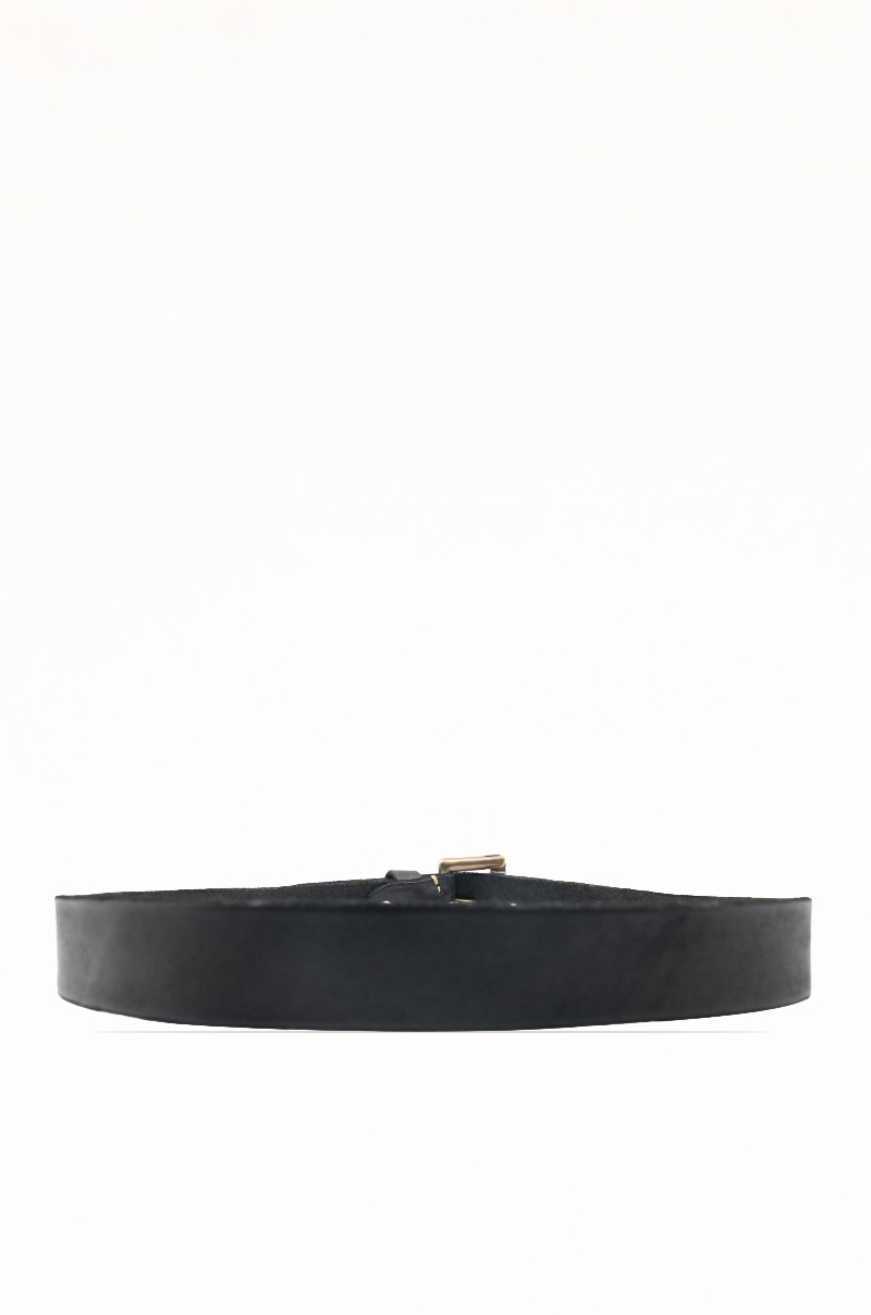 Cinturón de piel negro vintage para hombre con cierre distintivo en latón envejecido - vista trasera circular
