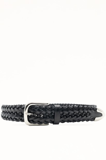 Cinturón Trenzado de Piel negro Old Rowley con Hebilla y punta Metálica - vista frontal circular
