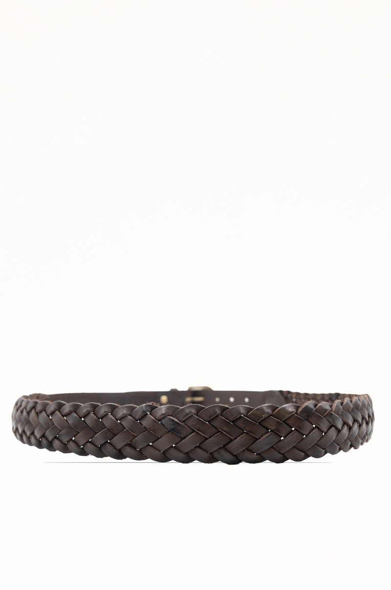 Cinturón marrón de Piel Vacuna Trenzado con Detalle Pespunteado Old Rowley - vista trasera circular