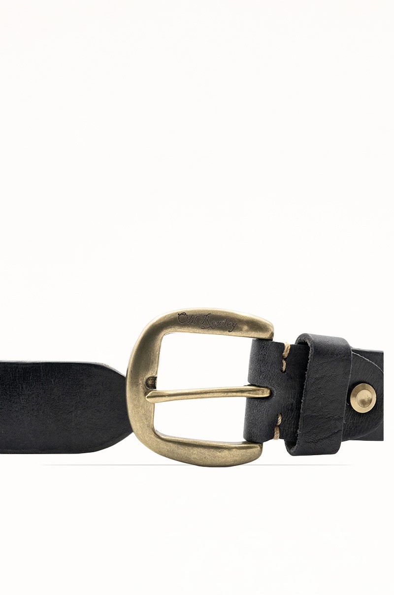 Cinturón de Piel Vacuna negro con Entrelazado Central Old Rowley - vista hebilla detalle