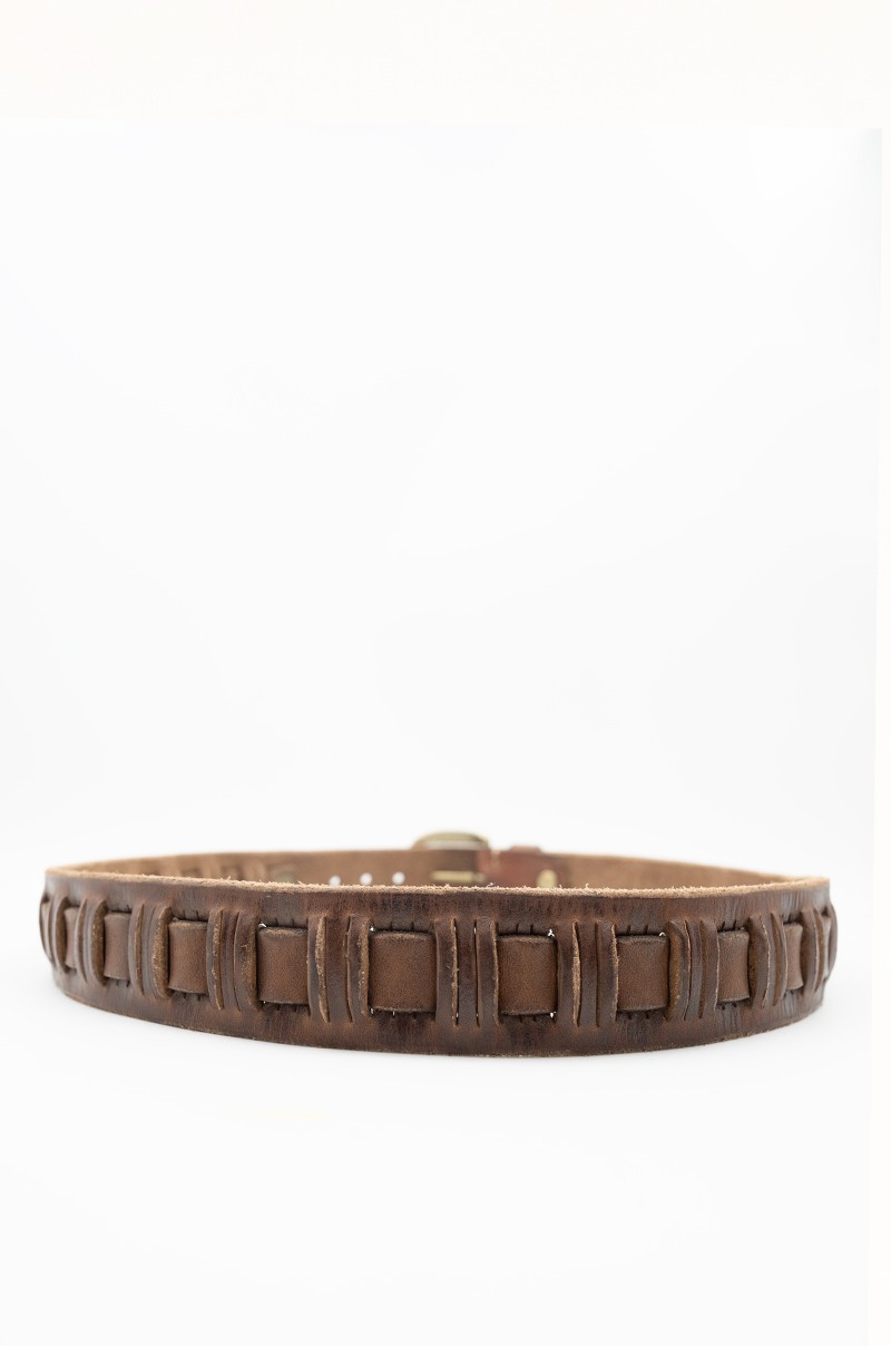 Cinturón de Piel Vacuna marrón con Entrelazado Central Old Rowley - vista trasera circular