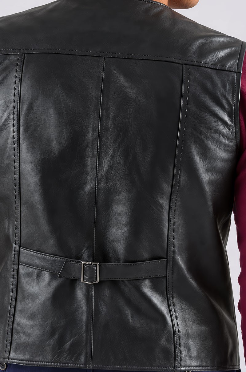 chaleco piel negro Old Rowley - vista trasera detalle