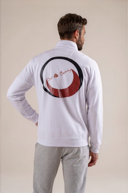 Sudadera blanca 1/4 zip con banda frontal y logo Old Rowley - vista trasera