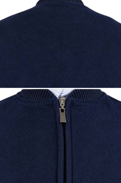 Chaqueta de lana bomber azul marino Old Rowley - detalle de cuello, cremallera y tejido