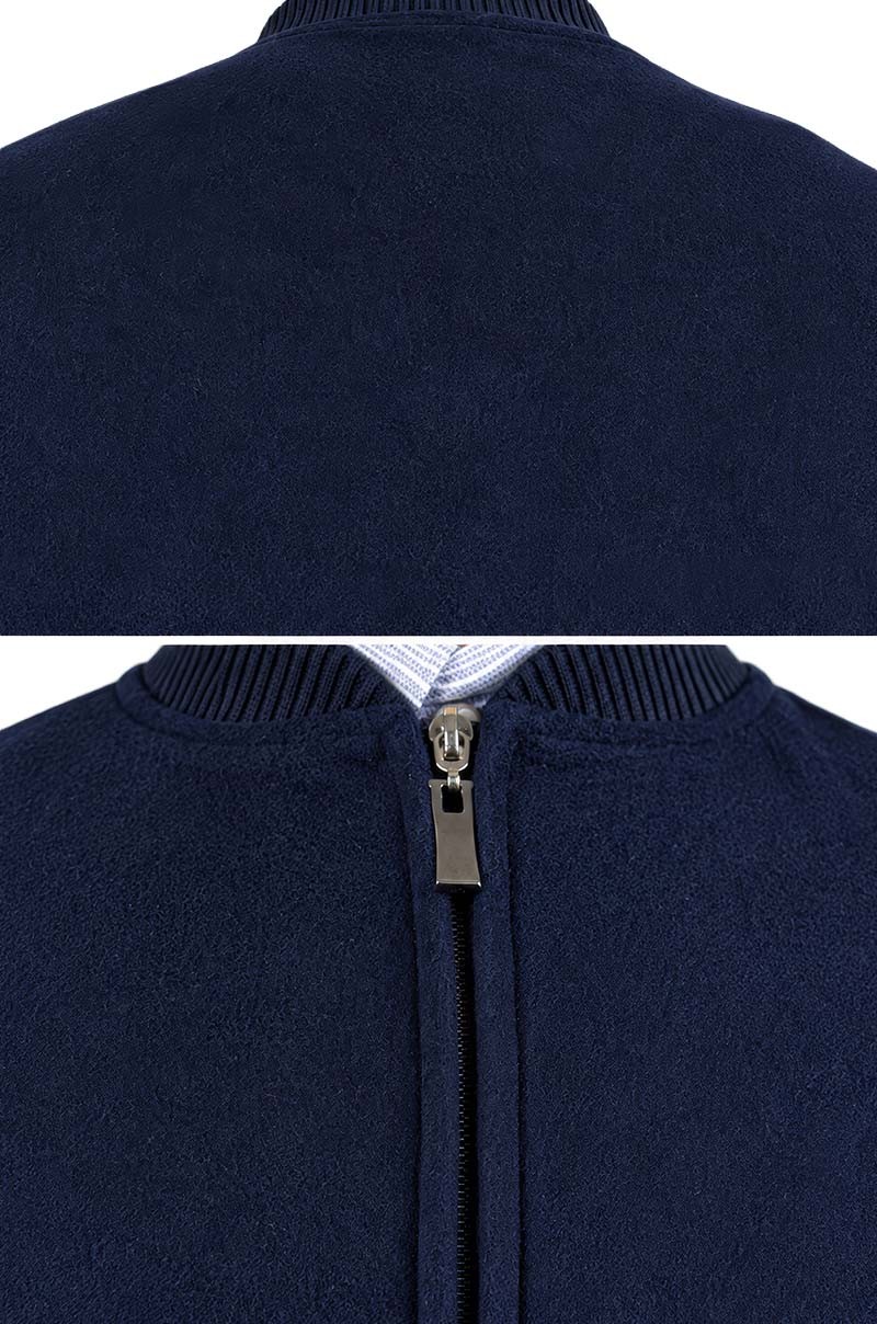 Chaqueta de lana bomber azul marino Old Rowley - detalle de cuello, cremallera y tejido