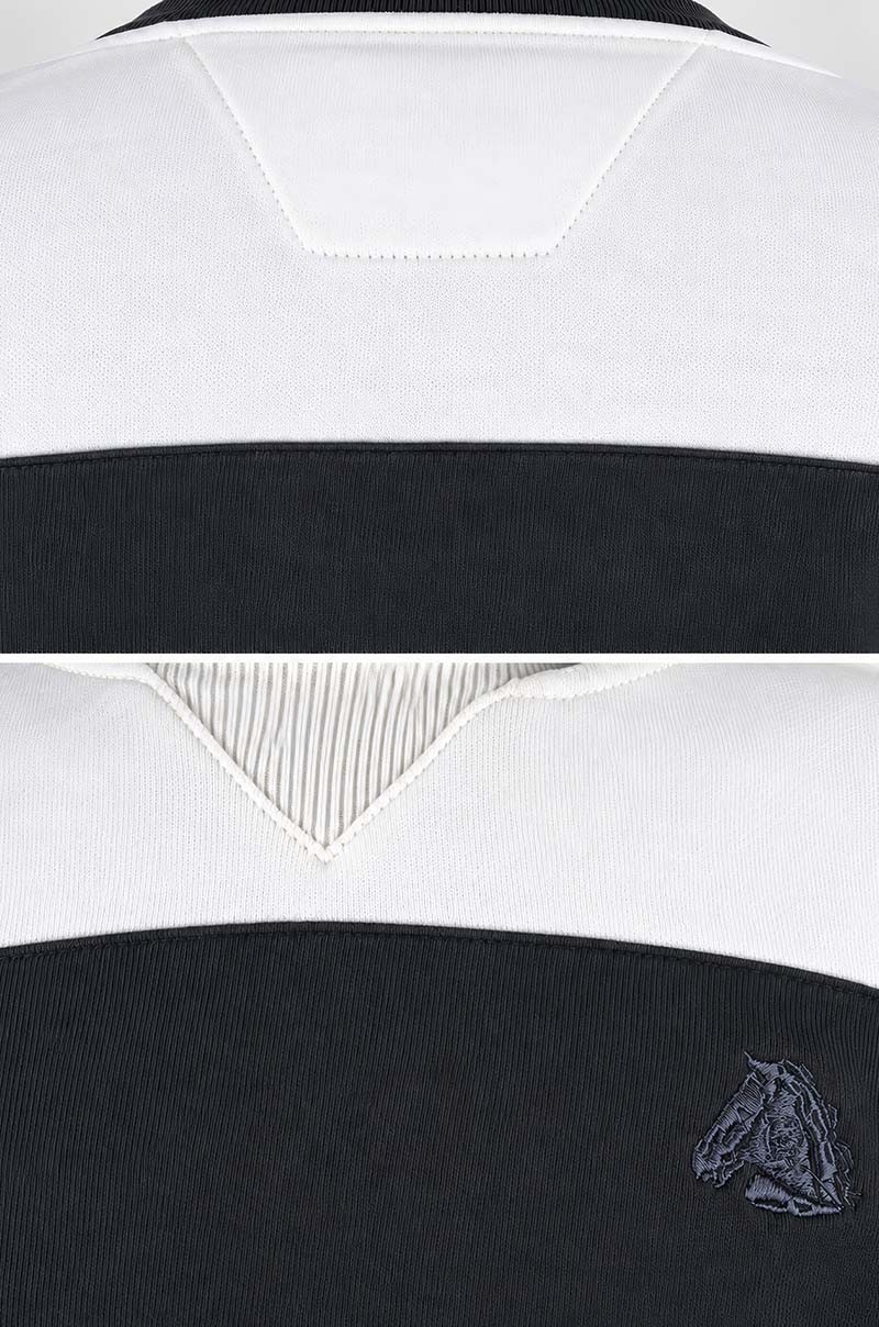 Sudadera de algodón bicolor blanco y azul marino Old Rowley - detalles de cuello y logo