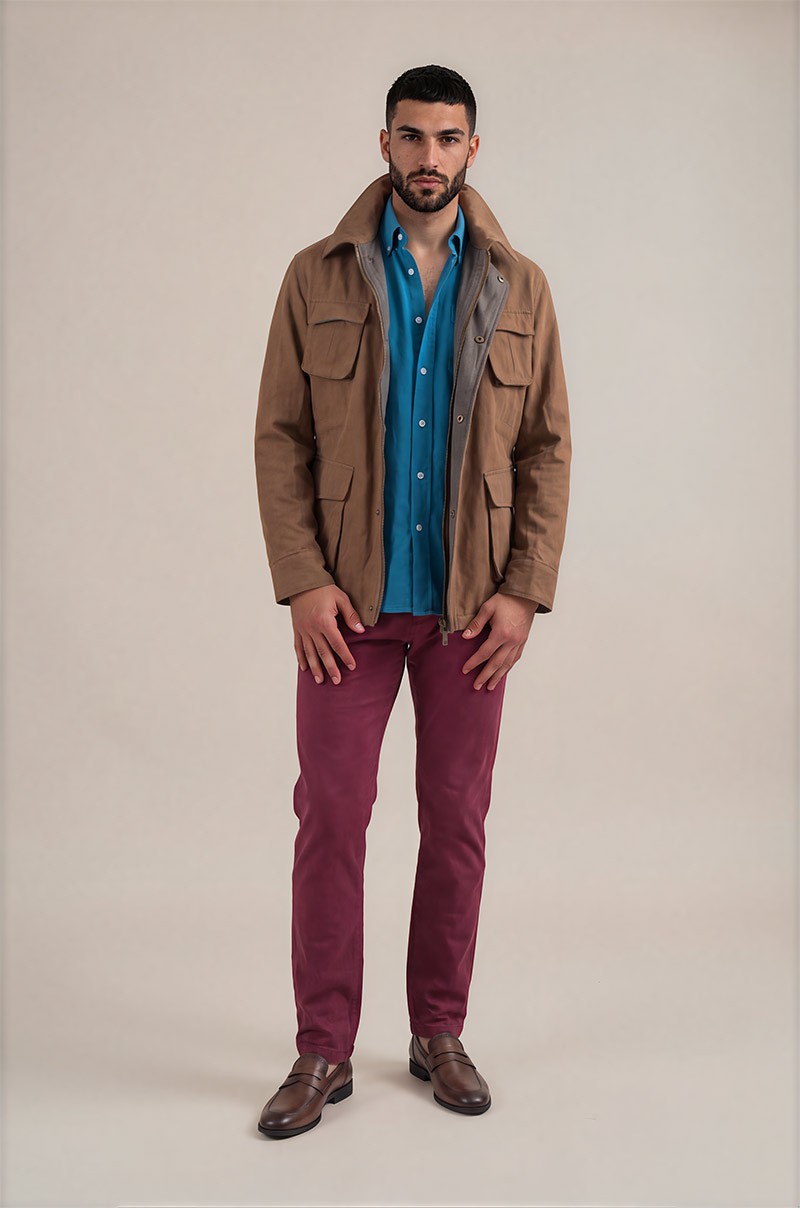 Chaqueta sahariana marrón de algodón para hombre Old Rowley - vista frontal completa