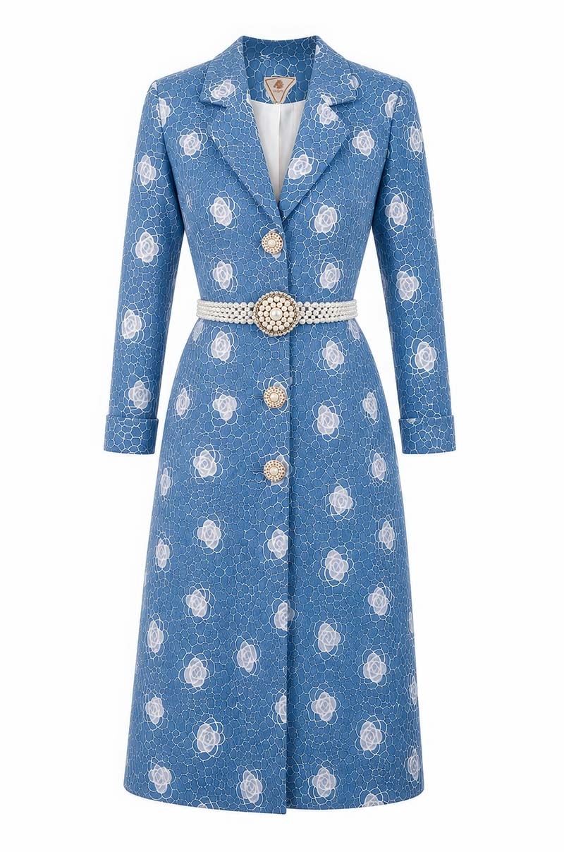 Vestido abrigo de encaje azul con cinturón de perlas Old Rowley - vista frontal solo