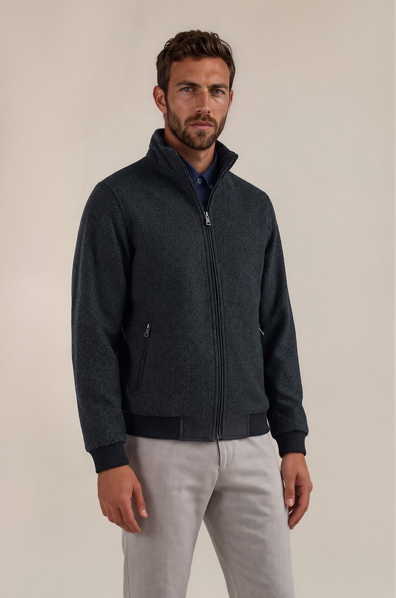 Chaqueta tipo bomber style in italy de lana con cremallera, cuello alto y puños de canalé (gris oscuro) - vista frontal