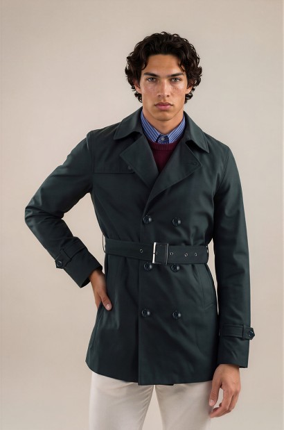 Gabardina Trench clásico de hombre con cinturón y doble botonadura en negro Old Rowley - vista frontal